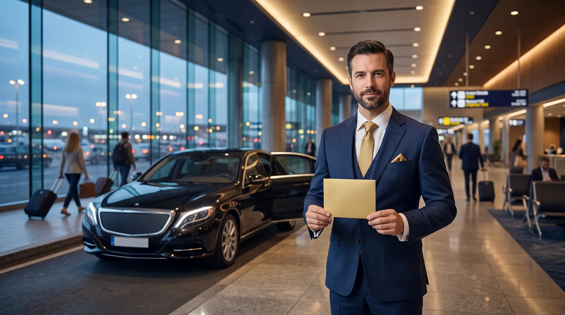 Chauffeur in a navy suit waiting at Dubai airport arrivals with a gold greeting card, black sedan at the curb behind the glass