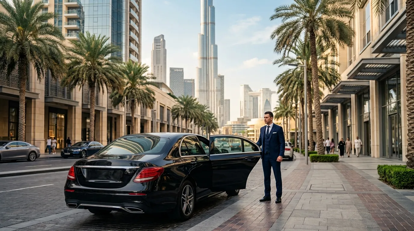 Black executive sedan parked on a palm-lined Downtown Dubai promenade with the chauffeur holding the rear door open at midday