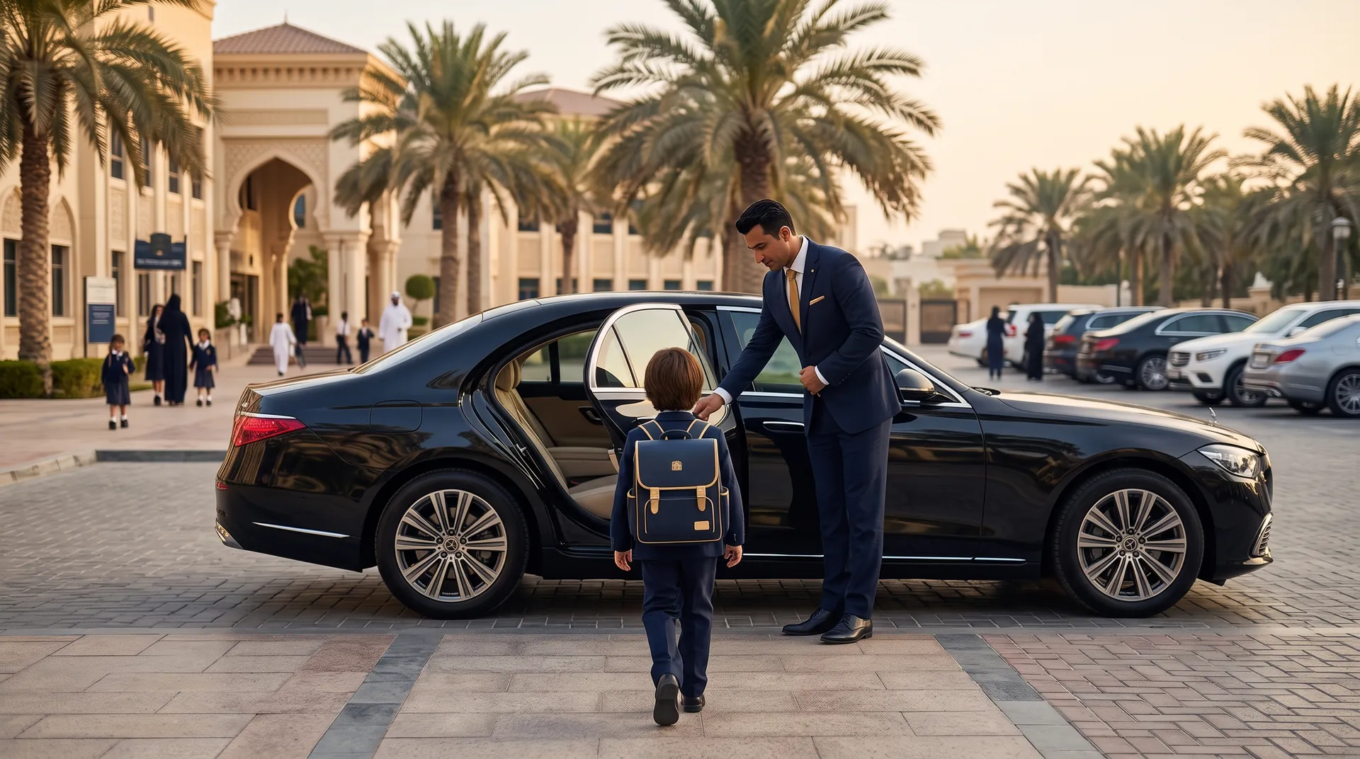 Chauffeur holding the rear door open for a child with a school backpack, seen from behind, outside a Dubai school entrance in the morning